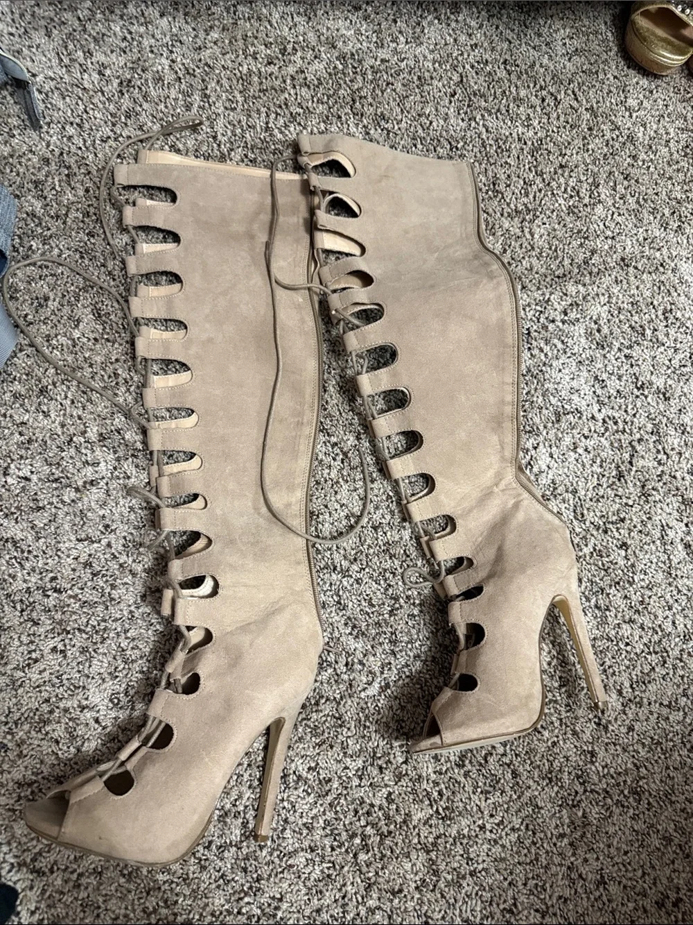 Lace-Up Over-the-Knee Stiletto Boot in Beige